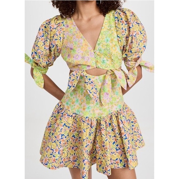 ALÉMAIS Floral Print Mini Dress Puff Sleeve Tie Cutout Backless Yellow US 10 - Picture 1 of 12